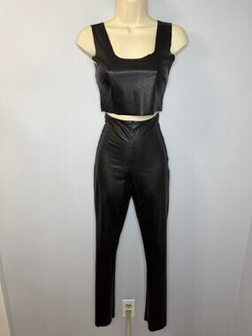 Commando Faux Leather Flared Legging High Rise & Crop Top Black Stretch Sz S